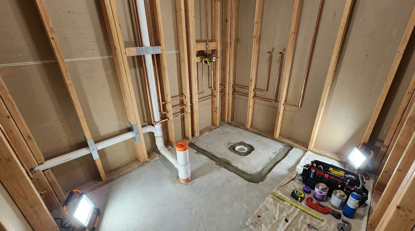 Bathroom rough-in plumbing during remodel by Johns Plumbing LLC in Robersonville