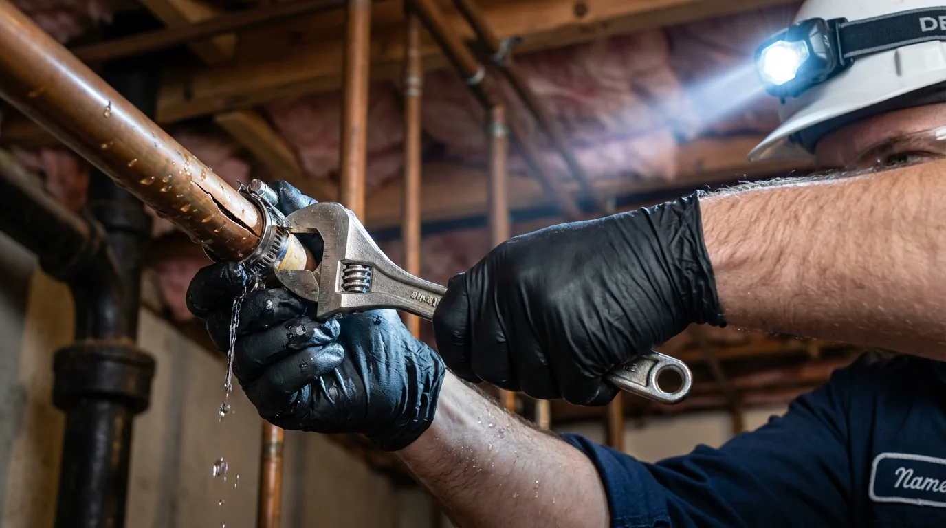 Emergency pipe clamp repair being performed by a Johns Plumbing LLC plumber in Robersonville