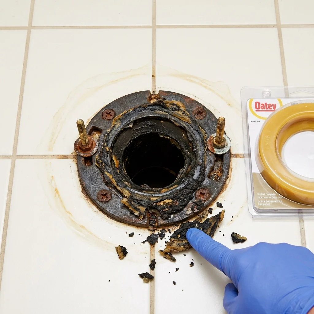 Failed wax ring showing water seepage at the base of a toilet in a Robersonville, NC home
