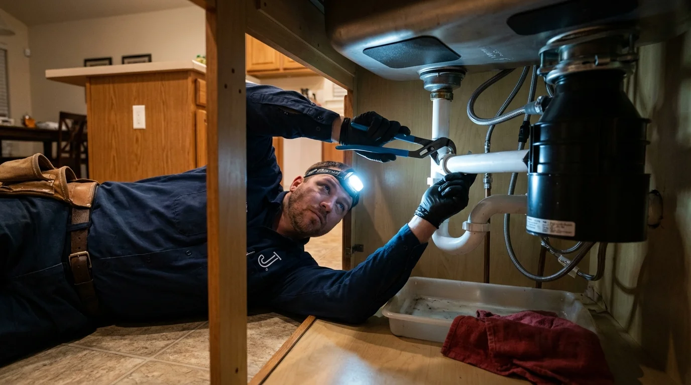 P-trap and supply line connections under a kitchen sink showing a common leak point in Robersonville, NC